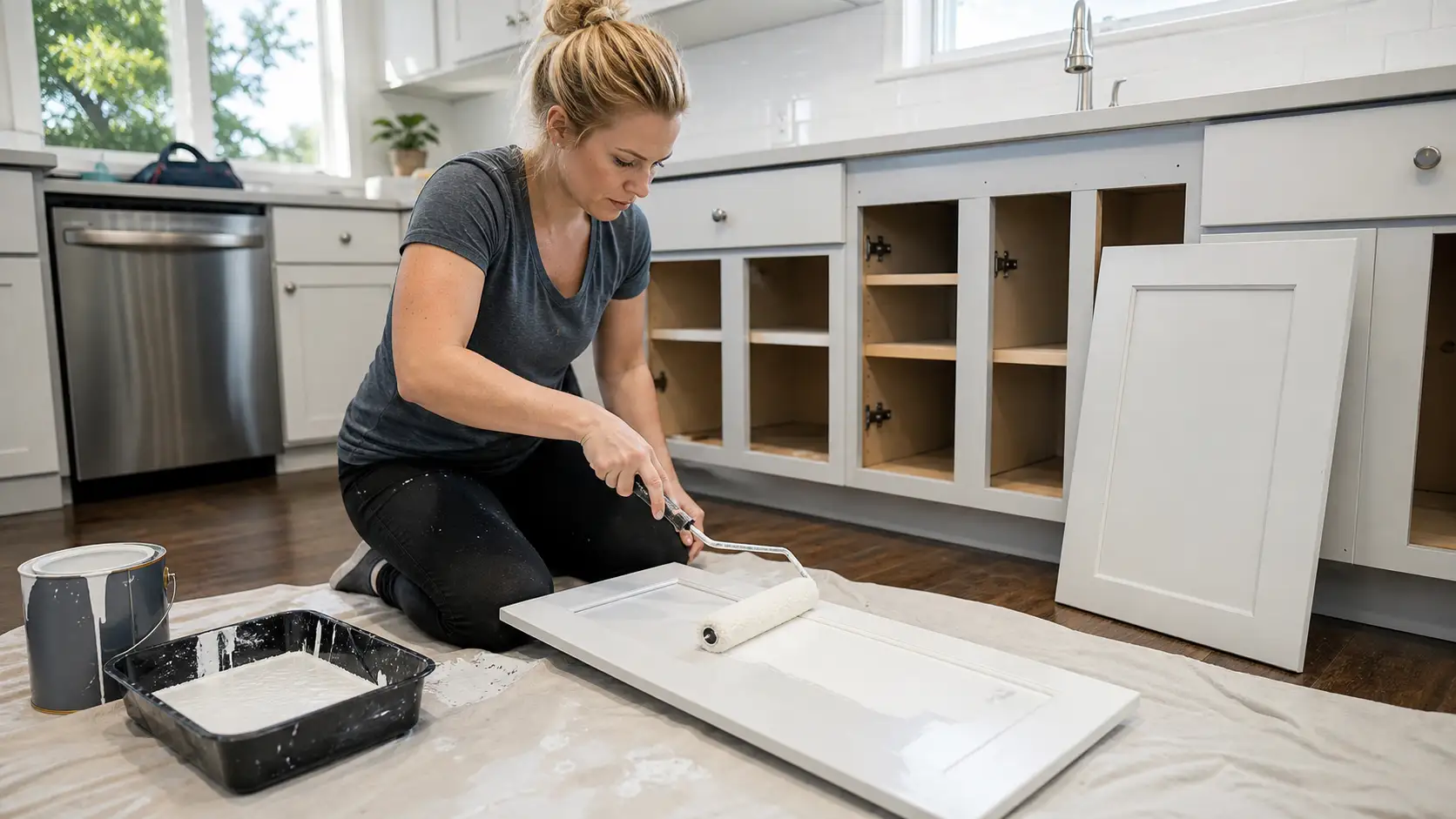 How to Paint Old Painted Kitchen Cabinets Without Sanding with a person applying fresh white paint using a roller to a cabinet door.