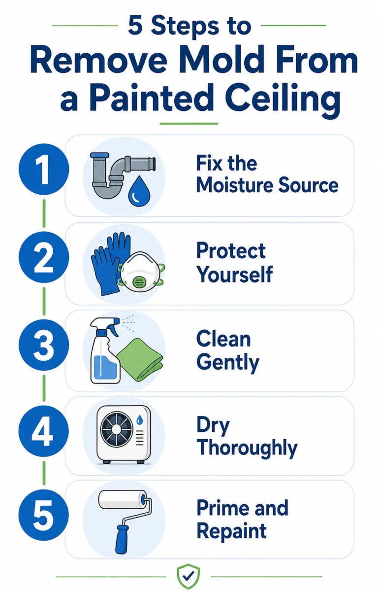 Infographic showing how to remove mold from painted ceiling in 5 steps: fix moisture, protect yourself, clean, dry, and repaint