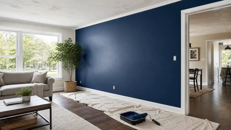 Is Repainting the Ceiling Really Necessary When Repainting Walls? Living room with navy blue wall freshly painted, ceiling still bare.