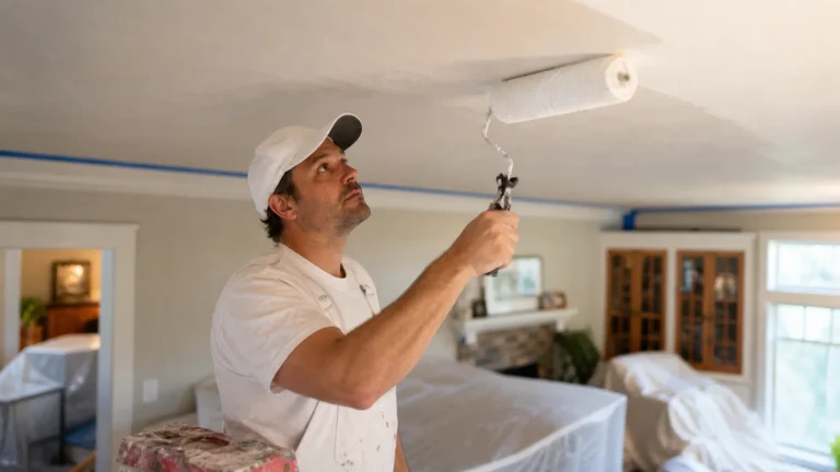 Professional painter rolling white paint onto a ceiling with painter's tape and drop cloths protecting the room below during renovation.