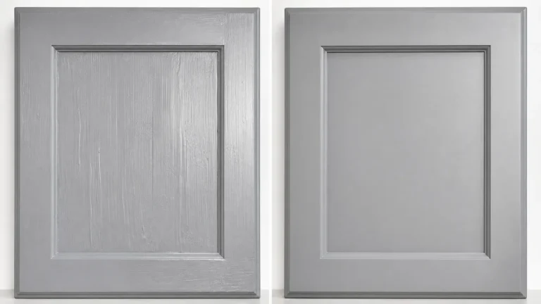 Side-by-side comparison of a gray cabinet door with visible roller marks and streaks next to a smooth, evenly painted cabinet door finish.