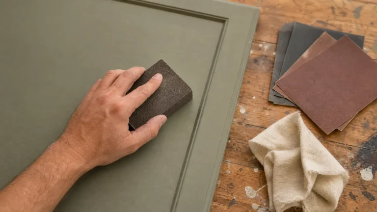 Hand using a sanding sponge on a green painted cabinet door, with sandpaper sheets and a tack cloth nearby on a workbench.