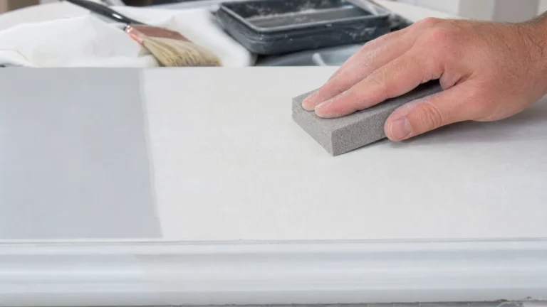 Hand sanding a white painted surface with a sanding sponge to smooth gray primer patches before the next coat of paint goes on.