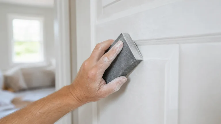 Hand sanding a white painted door panel with a sponge, showing should you sand between coats of paint for a smooth finish.