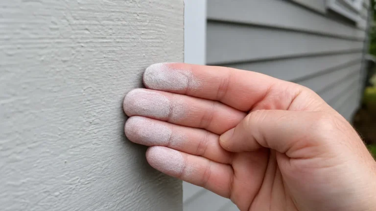 Fingers showing white chalky residue after touching exterior siding, a classic sign that exterior painting is needed on aging paint.