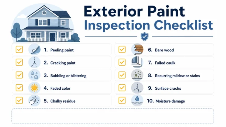 Infographic checklist of 10 signs that exterior painting is needed, including peeling paint, bare wood, chalky residue, and moisture damage.
