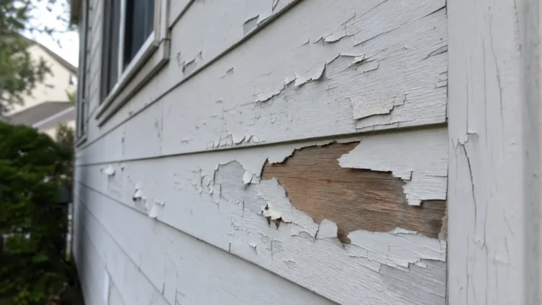 Close-up of peeling paint and exposed bare wood siding, one of the clearest signs that exterior painting is needed before damage spreads.