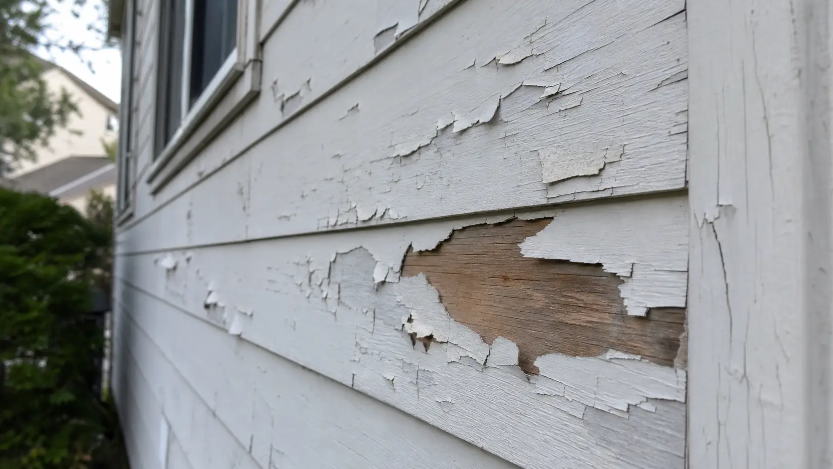Close-up of peeling paint and exposed bare wood siding, one of the clearest signs that exterior painting is needed before damage spreads.