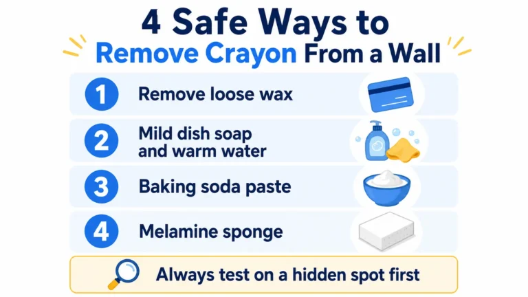 Infographic showing 4 safe ways to remove crayon from a wall: remove loose wax, dish soap, baking soda paste and a melamine sponge