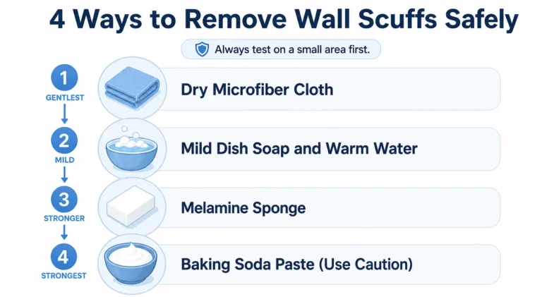 Infographic of 4 ways to remove wall scuffs safely, from gentlest to strongest: microfiber cloth, soapy water, melamine sponge and baking soda paste