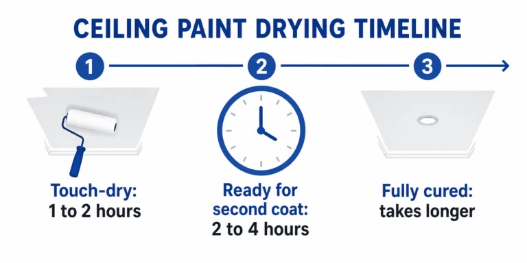 Ceiling paint drying timeline infographic showing touch-dry in 1 to 2 hours, second coat in 2 to 4 hours, and a longer full cure time
