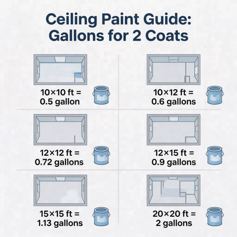 Infographic chart showing gallons of ceiling paint needed for two coats in six room sizes, from 10×10 ft at 0.5 gallon to 20×20 ft at 2 gallons