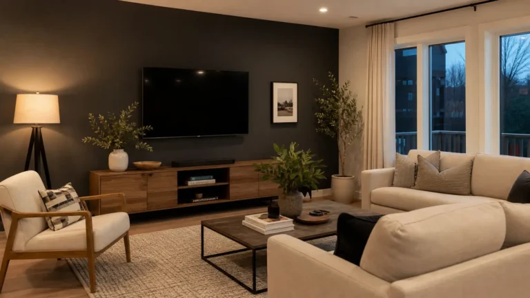 Modern living room with a charcoal gray accent wall, cream sofas, a wood media console, a floor lamp and large windows with light curtains