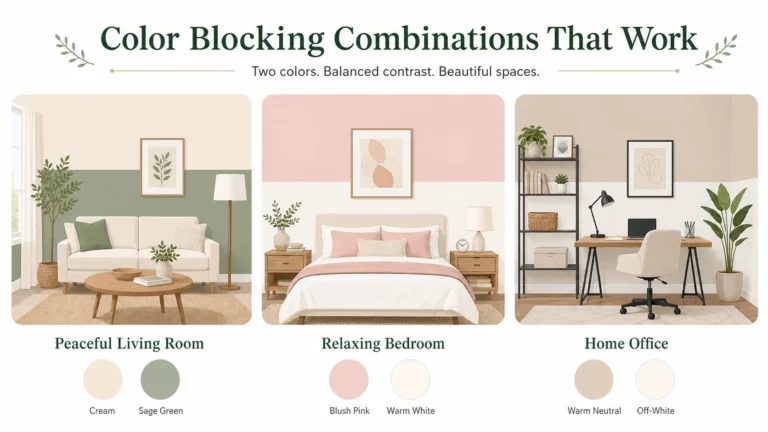 Infographic of color blocking wall combinations: cream and sage green, blush pink and warm white, and warm neutral and off-white