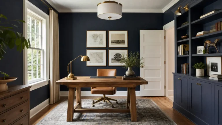 Elegant home office with deep navy walls, a natural wood desk, tan leather chair, navy built-in shelving and brass lighting accents
