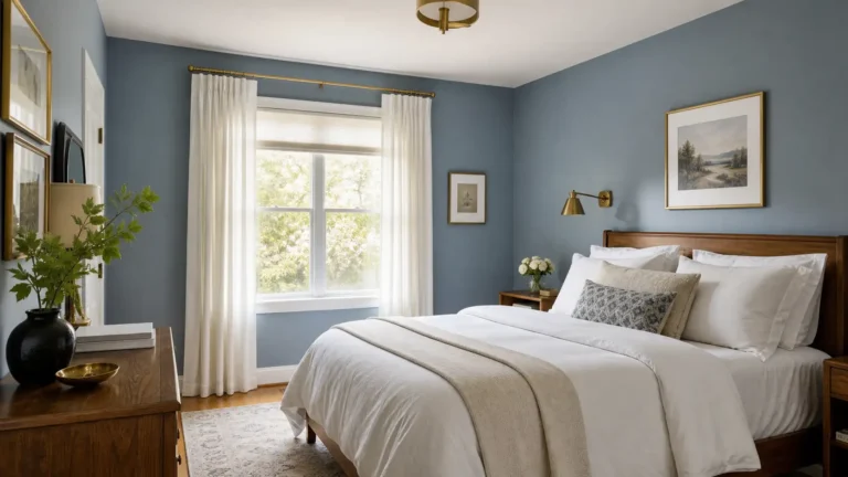 Relaxing bedroom with dusty blue walls, white bedding, a wooden headboard, sheer white curtains and brass accents in the light fixtures