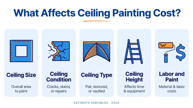 Infographic showing five factors that affect ceiling painting cost: ceiling size, condition, type, height, and labor and paint costs