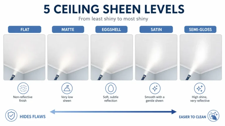 Infographic comparing 5 ceiling paint sheen levels from flat to semi-gloss, showing how reflection increases and which finish hides flaws or cleans easily