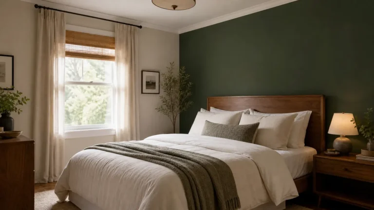 Cozy bedroom with a forest green accent wall behind a wooden headboard, cream bedding, and soft natural light from a window