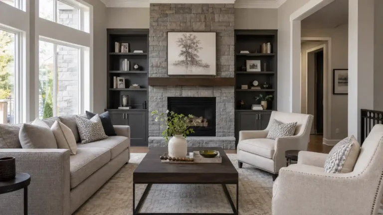 Elegant living room with greige walls, a gray stone fireplace, dark built-in shelves, a neutral sofa and cream armchairs on a soft area rug