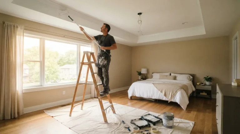 How do you paint a tray ceiling: a painter on a ladder uses a roller on an extension pole to paint a tray ceiling in a bright bedroom