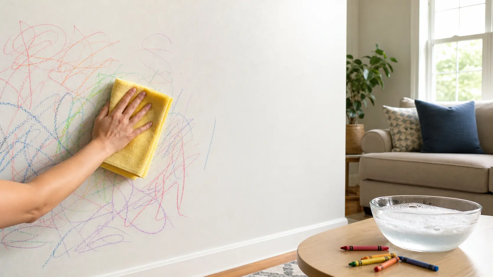 How Do You Remove Crayon From a Wall? Hand wiping colorful crayon scribbles off a white wall with a yellow microfiber cloth and soapy water