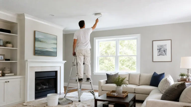 Painter on a ladder using a roller on a living room ceiling to show how long does ceiling paint take to dry before recoating