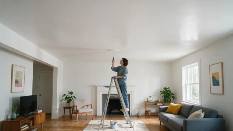 Person on a ladder painting a living room ceiling white with a roller, a paint can nearby, to show how much ceiling paint do I need