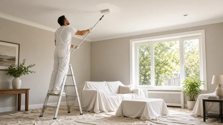 Painter on a ladder rolling white paint onto a living room ceiling, showing how much cost to paint a ceiling professionally