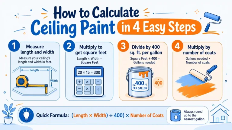 Four-step infographic showing how to calculate ceiling paint: measure, multiply for square feet, divide by 400 sq. ft. per gallon, multiply by coats