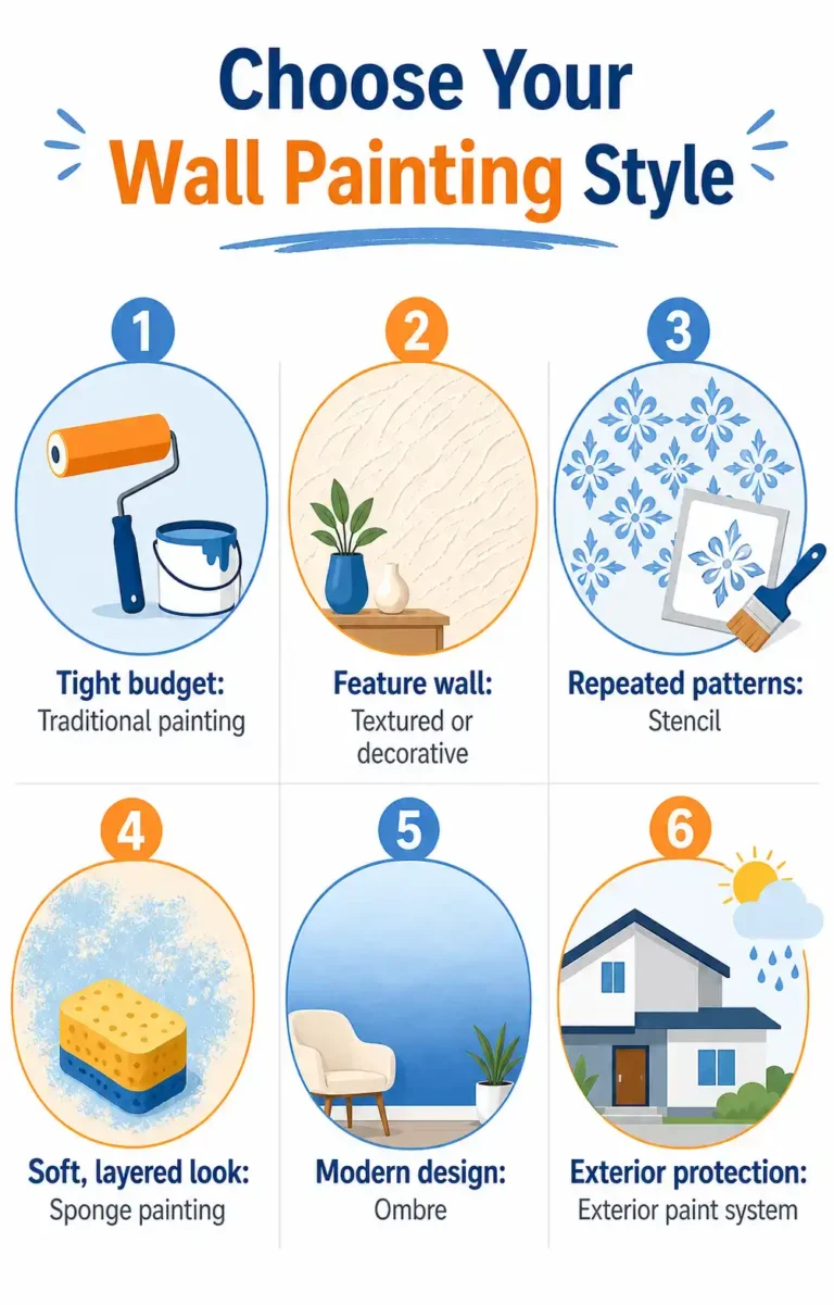 Infographic showing how to choose among types of wall painting: traditional, textured, stencil, sponge, ombre and exterior paint for your needs