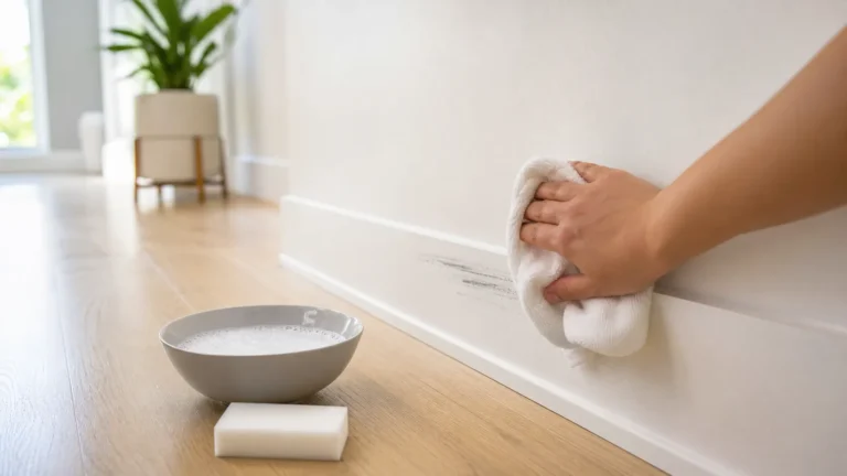 How to get scuff marks off walls: hand wiping a black scuff from a white baseboard with a microfiber cloth, soapy water and sponge nearby