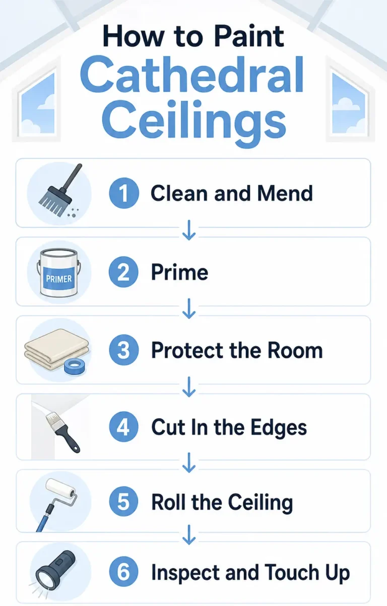 How to paint cathedral ceilings step by step infographic: clean and mend, prime, protect the room, cut in the edges, roll the ceiling, inspect.