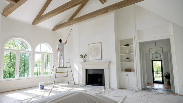How to paint cathedral ceilings: a painter on a platform ladder rolls white paint on a vaulted ceiling with wood beams using an extension pole.