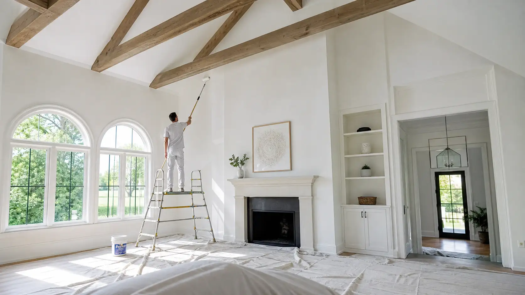 How to paint cathedral ceilings: a painter on a platform ladder rolls white paint on a vaulted ceiling with wood beams using an extension pole.