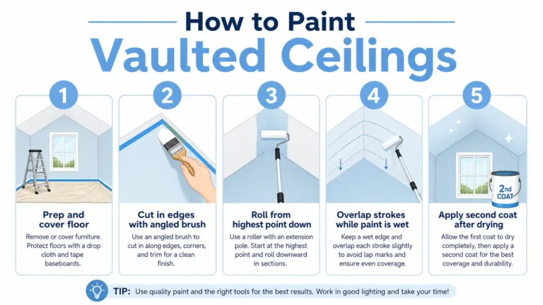 Infographic showing 5 steps to paint a vaulted ceiling: prep the floor, cut in edges, roll from the top, overlap strokes, apply a second coat