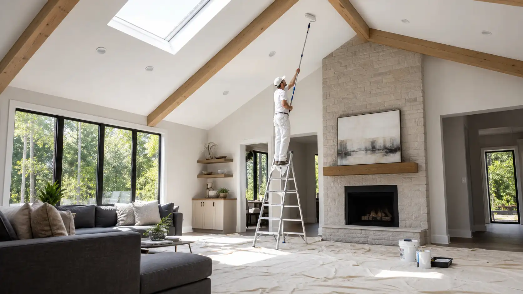 How to paint vaulted ceilings: a painter on a ladder uses an extension pole roller to paint a high ceiling with wooden beams and a skylight