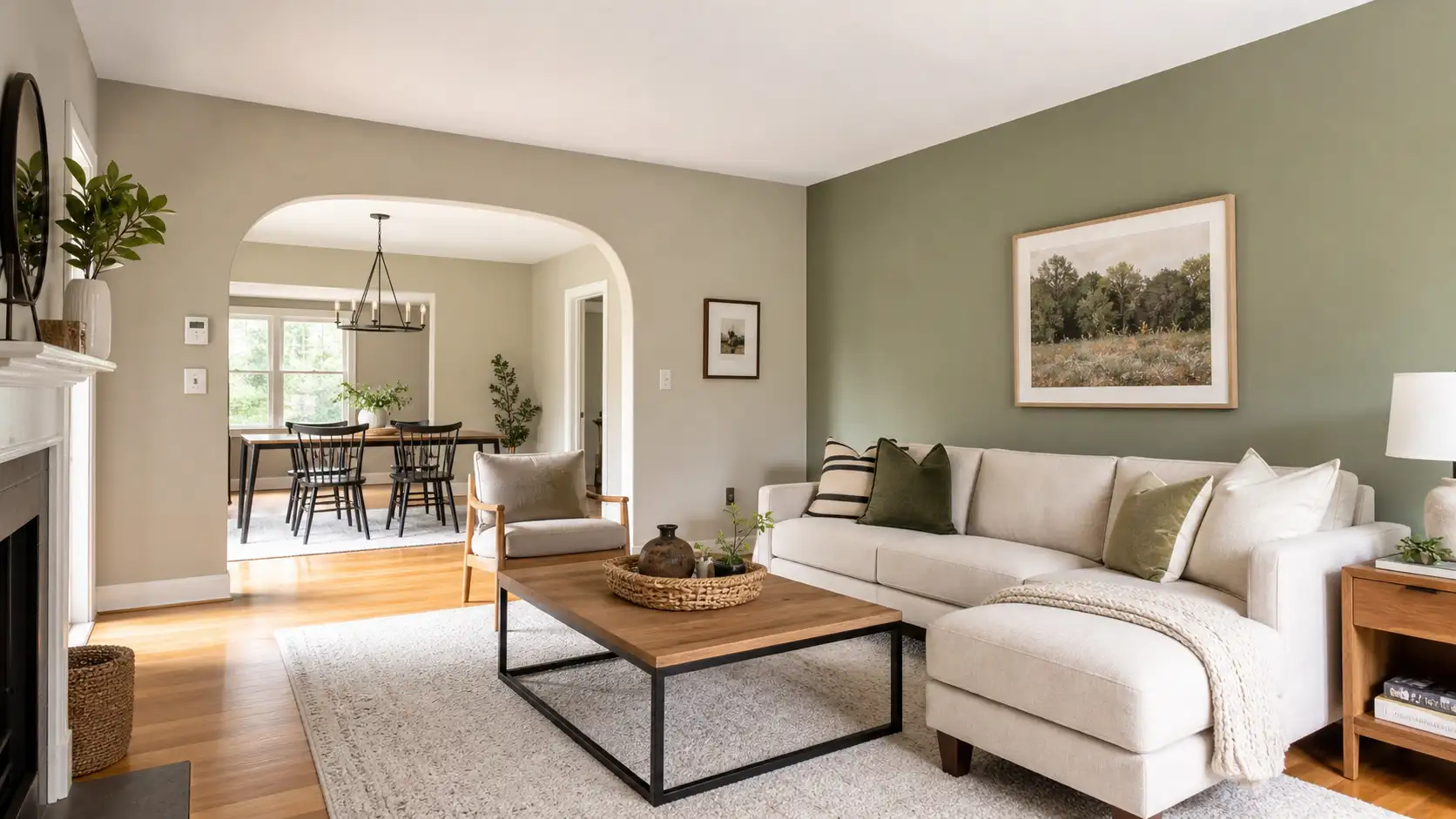 Living room showing interior wall paint colours, with a sage green accent wall, greige walls, cream sofa and an arched doorway to the dining room