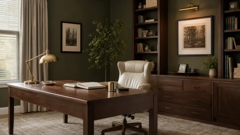 Stylish study with muted olive green walls, a walnut desk, cream leather chair, built-in wood shelves and a brass desk lamp