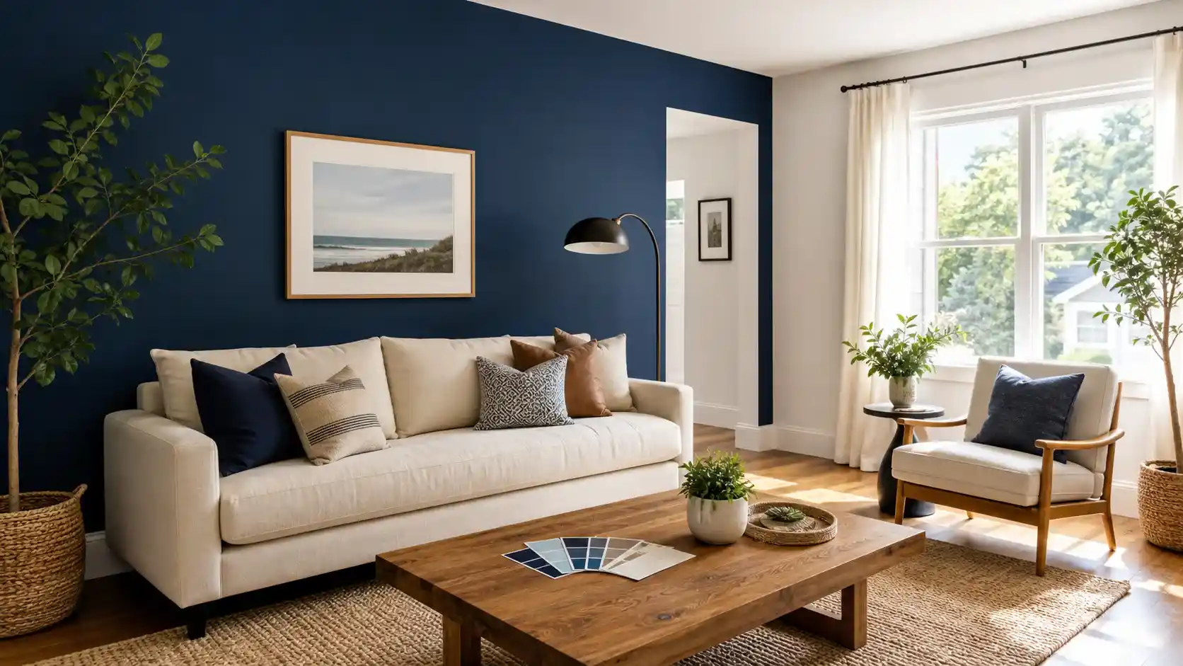 Living room with a navy blue accent wall, cream sofa, and wood coffee table, a perfect example of modern wall painting ideas for a home makeover