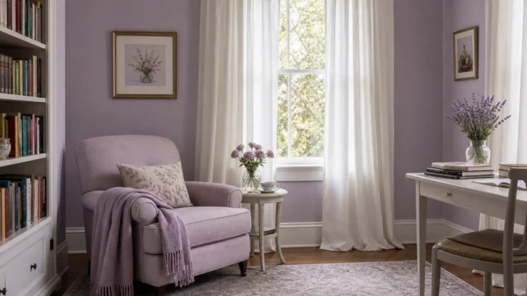 Soft reading room with pale lavender walls, a lilac armchair, white sheer curtains, built-in bookshelves and fresh flowers by the window