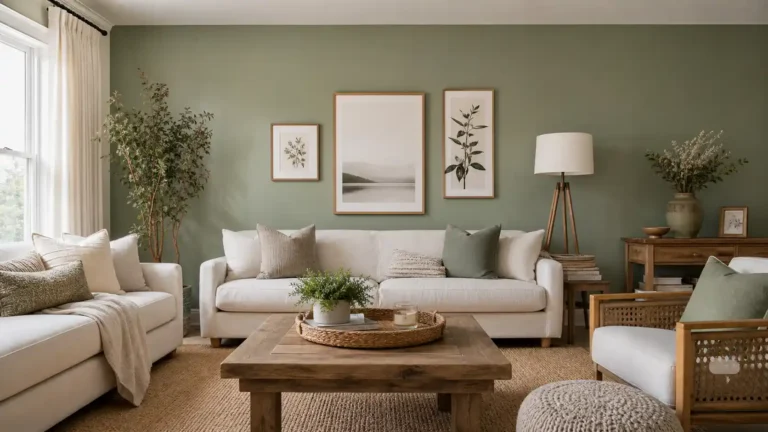 Calm living room with sage green walls, white sofas, a rustic wood coffee table, woven jute rug and natural botanical wall art