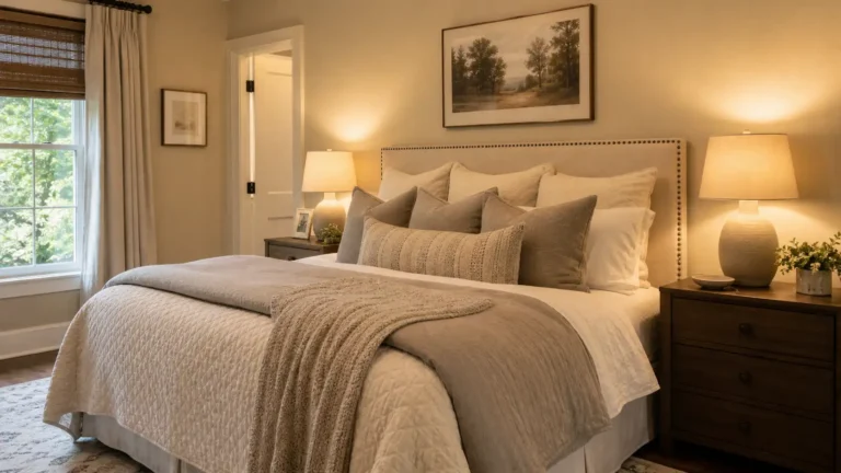 Cozy bedroom with soft beige walls, layered neutral bedding, an upholstered headboard and warm bedside lamps glowing on dark wood nightstands