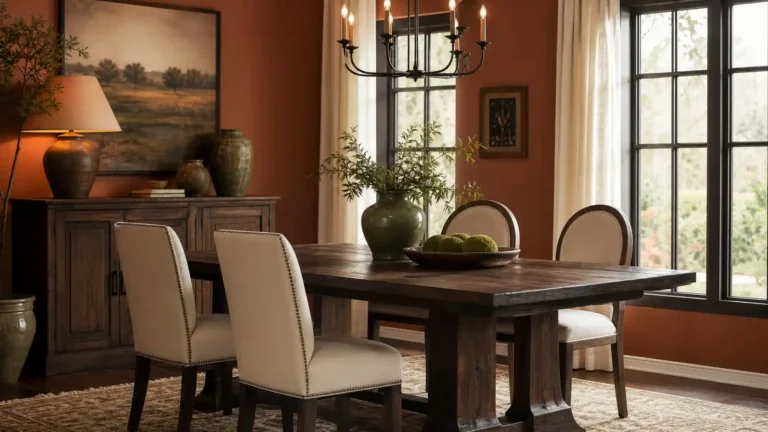 Warm dining room with terracotta walls, a dark wood table, cream upholstered chairs, green ceramic vases and a black chandelier