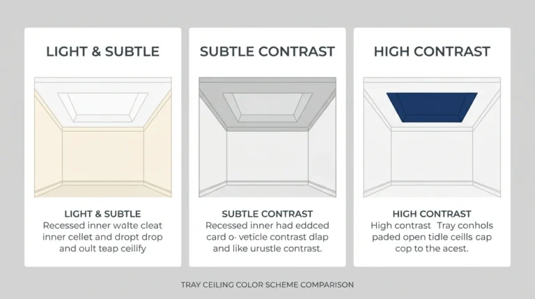 Tray ceiling color scheme comparison infographic showing light and subtle, subtle contrast, and high contrast paint ideas in three panels