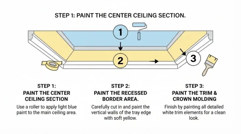 Tray ceiling painting order infographic showing 3 steps: paint the center section, then the recessed border, then the trim and crown molding
