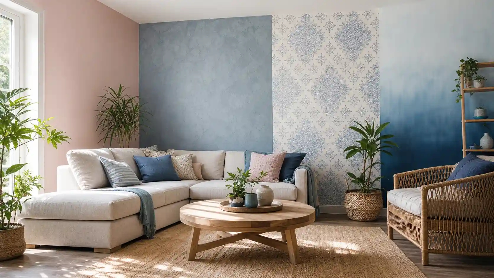 Living room showcasing different types of wall painting: smooth pink, textured blue, stencil pattern and blue ombre walls with a sofa and plants