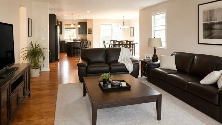 Open-plan living room with warm white walls, hardwood floors, dark leather sofas and a dark wood coffee table, with kitchen and dining area beyond
