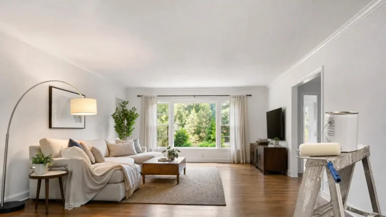 Bright living room with a smooth white ceiling, showing what sheen for ceiling paint works best, with a paint roller and can on a ladder
