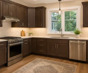 10x10 Kitchen Cabinet Cost shown in a modern kitchen with dark wood cabinets, stainless steel appliances, and bright countertops